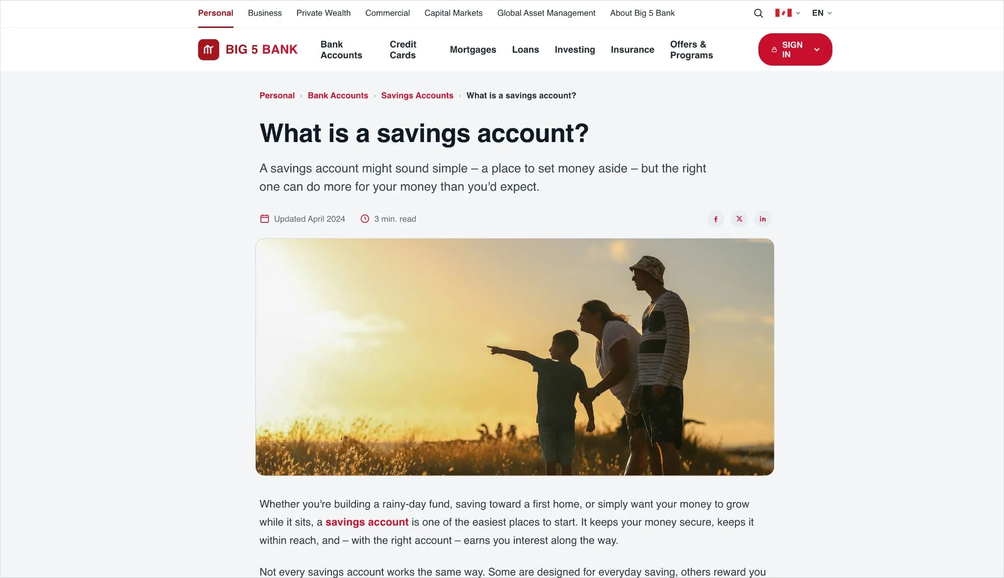 The bank's 'What is a savings account?' article rendering normally in a browser, with full header, hero image, and body copy visible.