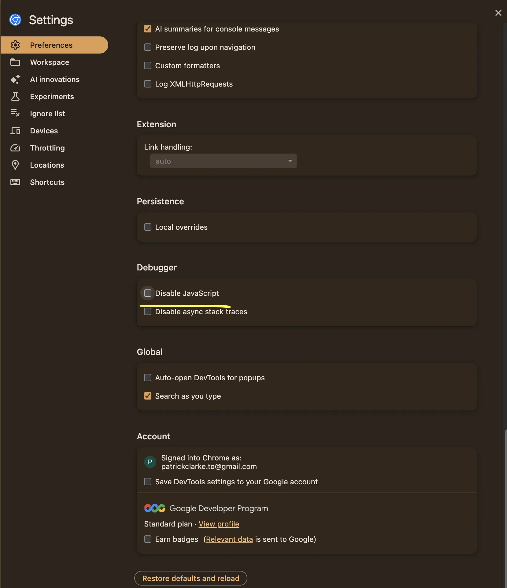 Chrome DevTools settings panel with the 'Disable JavaScript' option under Debugger highlighted, used to preview a page the way a non-rendering crawler would see it.