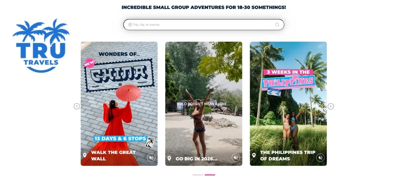 TruTravels' homepage showing its small-group adventure trip listings for 18-30 year olds